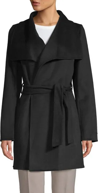 Ella Lightweight Wool Wrap Trench Coat in Black
