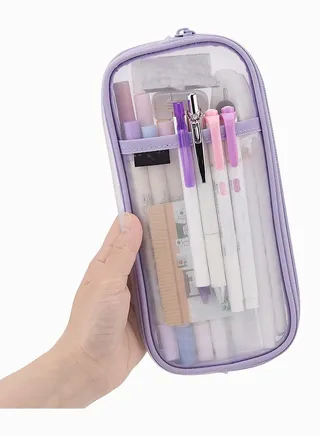 Stationary Bag, SYOSI Grid Mesh Pen Pencil Case with Zipper Clear Makeup Color Pouch Cosmetics Bag Multi Purpose Travel School Teen Girls Transparent Box (Purple) 