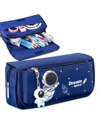 Pencil Case for Boys, Cartoon Pencil Pouch 4 Layers Large-Capacity Pen Case for Student Blue Pencil box with Astronaut Pendant 