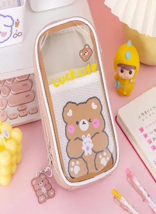 Large Capacity Learning Stationery Bear Pencil Case Pencil Bag Transparent Pen Bag Zipper Pouch 