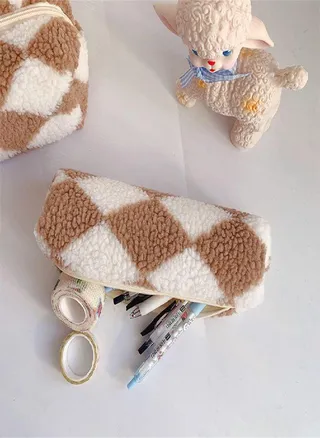 Stationery Bag School Supplies Checkerboard Pencil Bag Cosmetic Bag Storage Box Plush Pencil Case 