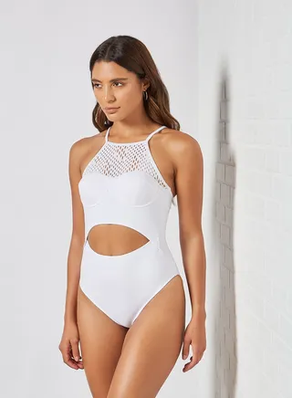 Mesh Panel Open Front Swimsuit White 
