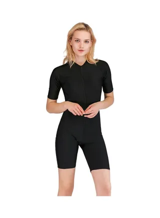Solid Conservative Zipper Closure One Piece Swimsuit Black 