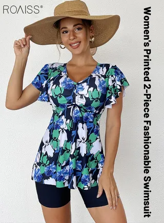 2-Piece Women's Split Swimsuit Printed Waistband V-Neck Short Sleeved Top With Pleated Hem To Cover The Belly Solid Color Tight Flat Angle Swimming Shorts 