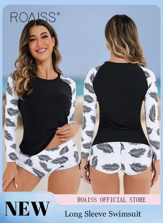 Women One Piece Swimsuit with Side Tie Boxer Shorts One Piece Beach Suit Women Long Sleeved Sun Protection Surfing Wetsuit 