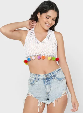 Pompom Detail Crochet Halter Top 
