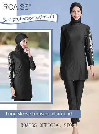 3 Piece Women Conservative Colorblock Swimsuit Set Muslim Sun Protection Swimwear Swimming Trousers Cap Ladies Loose Beachwear Dress Arab Clothing 