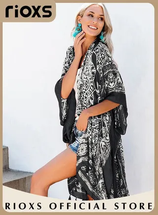 Women's Summer Fashion Printed Print Kimono Casual Open Front Cover up Long Cardigan Loose Beach Swimsuit Cover up 