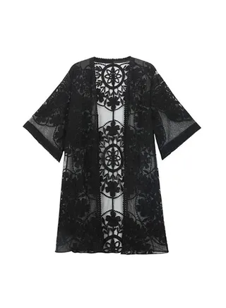Fashionable Lace Mesh Embroidery Beach Sunscreen Cover Up Black 