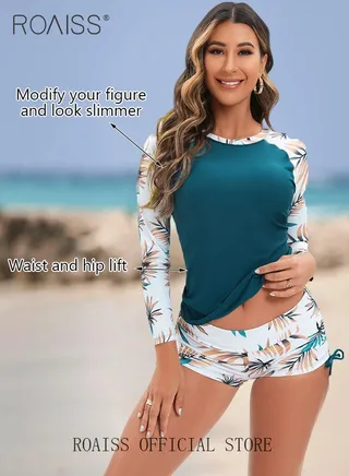Women One Piece Swimsuit with Side Tie Boxer Shorts One Piece Beach Suit Women Long Sleeved Sun Protection Surfing Wetsuit 