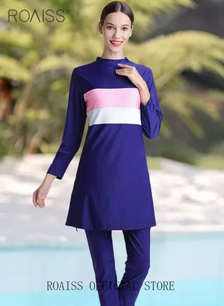 3 Piece Women Conservative Colorblock Swimsuit Set Muslim Sun Protection Swimwear Swimming Trousers Cap Ladies Loose Beachwear Dress Arab Clothing 