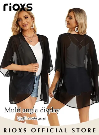 Women Casual Floral Print Beach Cover Ups Short Sleeve Kimono Cardigan Loose Beach Swimsuit Dress 
