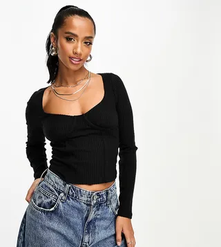 ASOS DESIGN Petite rib bust seam detail corset top in black