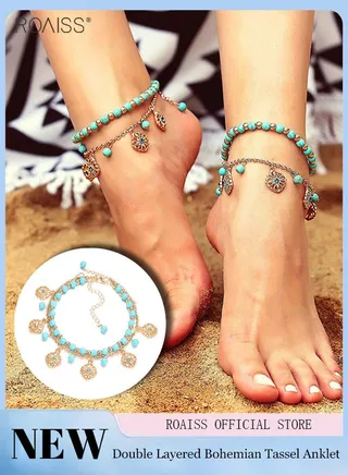 Women's Fashion Anklet Double Layer Tassel Bohemian Style Anklet Beads Metal Combination Anklet Bracelet 