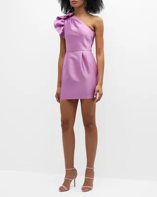 Pleated One-Shoulder Ruffle Mini Dress
