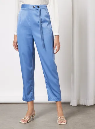 High Waist Wide Leg Pants With Belt Blue 