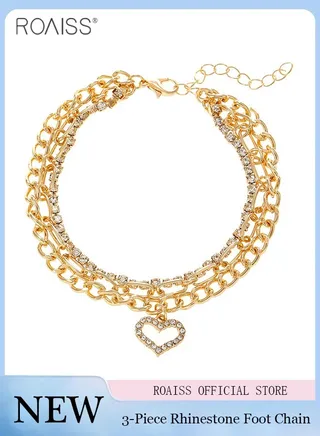 Women's Three-Layer 18K Gold Water Diamond Heart Decorative Anklet Adjustable Size Exquisite Temperament Fashionable And Versatile Beach Ankletdaily Gift Jewelry For Gatherings 