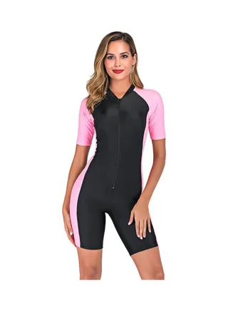 Short Sleeve Contrast Panel One Piece Swimming Wear Multicolour 