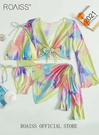 Women 4pcs Tie Dye Gradient Halter Triangle Bikini Swimsuit Cover Up Top with Skirt Set Swimwear Ladies Beachwear Bathing Suit for Summer Multicolor 