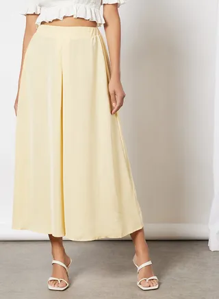 Women Elastic Waistband Midi Skirt Cream 