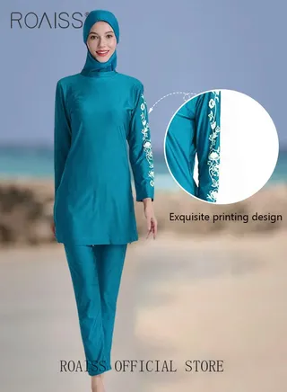 3 Piece Women Conservative Colorblock Swimsuit Set Muslim Sun Protection Swimwear Swimming Trousers Cap Ladies Loose Beachwear Dress Arab Clothing 