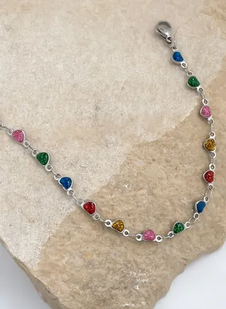 Silver Colorful Heart Shaped Stones Anklet 