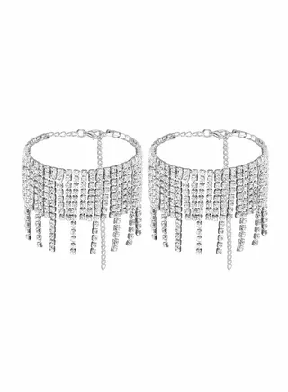 Boho Tassels Ankle Bracelet Crystal Anklets Glitter Rhinestone Tennis High-heeled Foot Chain Wedding Body Jewelry Accessories for Women and Girls (2PCS) 