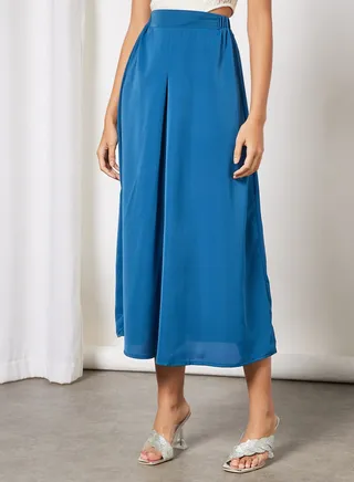 Women Elastic Waistband Midi Skirt Blue 