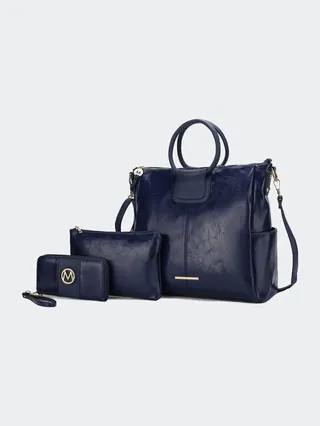 MKF Collection by Mia K Zori Vegan Leather Women’s Tote Bag with Pouch and Wallet -3 Pieces - Blue