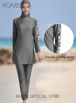3 Piece Women Conservative Colorblock Swimsuit Set Muslim Sun Protection Swimwear Swimming Trousers Cap Ladies Loose Beachwear Dress Arab Clothing 