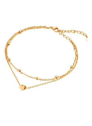 Women Double Chain Ankle Beads Heart Charm 
