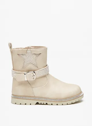 Girls Embellished Boots with Buckle Detail and Zip Closure 