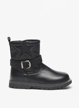 Girls Embellished Boots with Buckle Detail and Zip Closure 