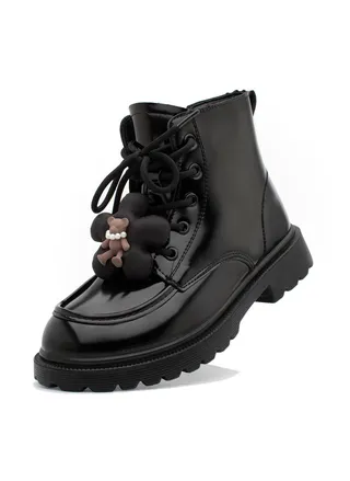 Lucky Kids Girls Synthetic Leather Winter Ankle Boots With Classic Lace Up & Side Zipper And Teddy Bear Design For Kids/Adults 