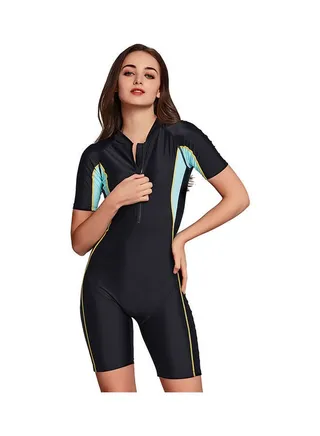 Ladies Short Sleeve Contrast Conservative One Piece Swimsuit Black 
