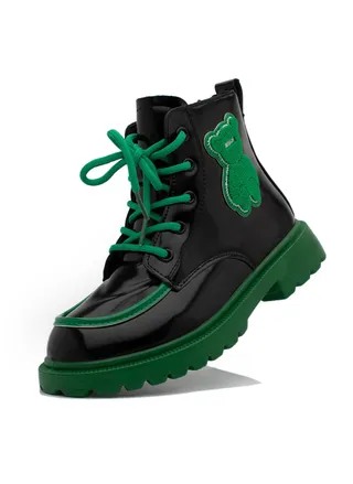 Lucky Kids Girls Synthetic Leather Winter Ankle Boots With Classic Lace Up & Side Zipper And Teddy Bear Design For Kids/Adults 