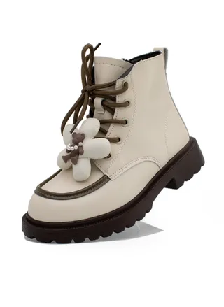 Lucky Kids Girls Synthetic Leather Winter Ankle Boots With Classic Lace Up & Side Zipper And Teddy Bear Design For Kids/Adults 