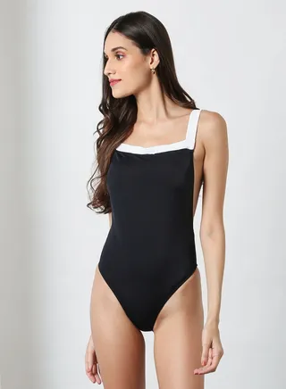 Square Neck One Piece Swimsuit Black 