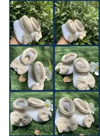 Braided Baby Booties White and brown with bow, 4 inch sole for new born, 2 to 6 months baby feet 