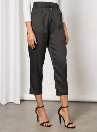Women High Waist Self Belt Side Pocket Pants Black 