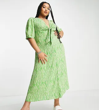 ASOS DESIGN Curve tie front button up midi dress in green animal print