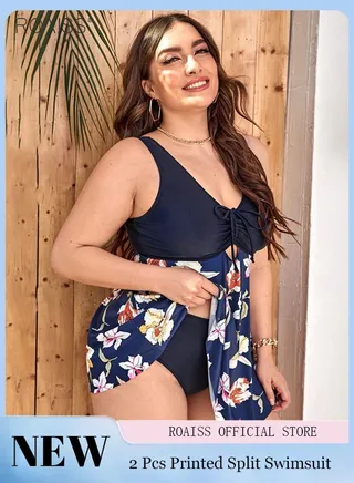 2-Piece Women Plus Size Swimsuit Classic V-Neck Adjustable Drawstring Sleeveless Dress Printed Pleated A-Line Hem High Waisted Stretch Swimsuit 