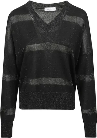 Glitter Embellished V-neck Stripe Sweater