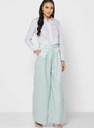 Button Pin tuck Detail Textured Flared Pants 