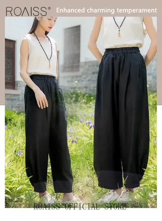 Women Relaxed Fit Cotton Linen Blend Pants Artistic Style Sand Washed Wide Legged Trousers for Women Flattering and Comfortable Ladies Linen Lantern Pants 