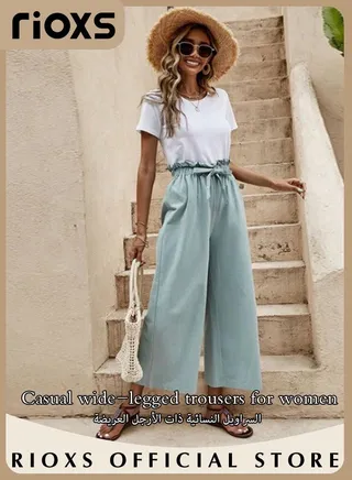 Women's Casual Wide Leg Pants Cotton Linen Pants Elastic High Waist Trousers With Pockets 