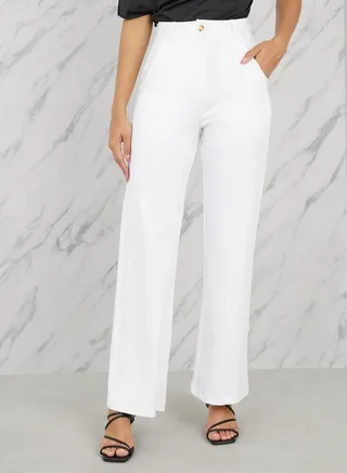 wide leg full length high rise pants with front button and pleats 