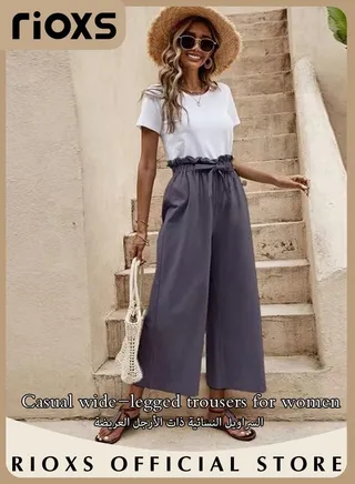 Women's Casual Wide Leg Pants Cotton Linen Pants Elastic High Waist Trousers With Pockets 