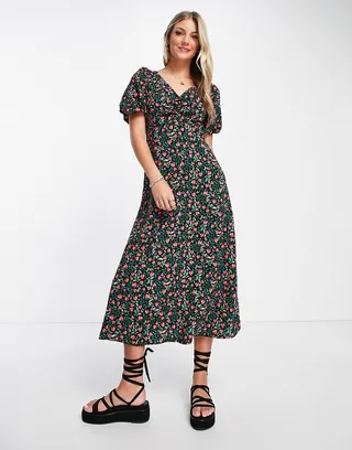 New Look ruched bust puff sleeve midi dress in black strawberry print