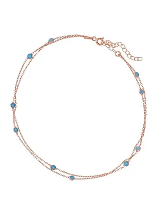 Silver (Rose Gold Plated) Long Size Anklet with Turquoise for Luck 